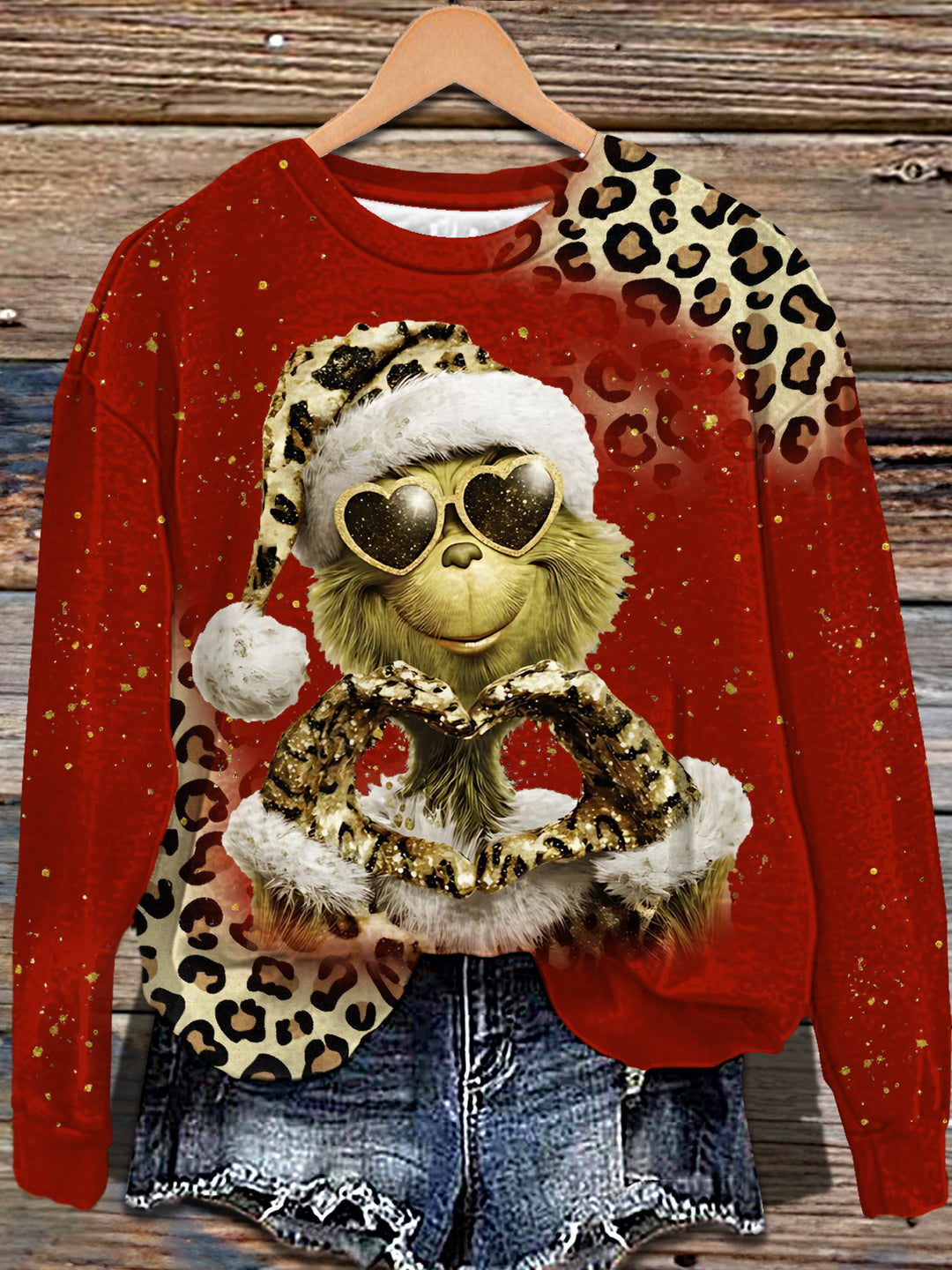 Grinch Leopard Art Printed Long Sleeve Casual Top