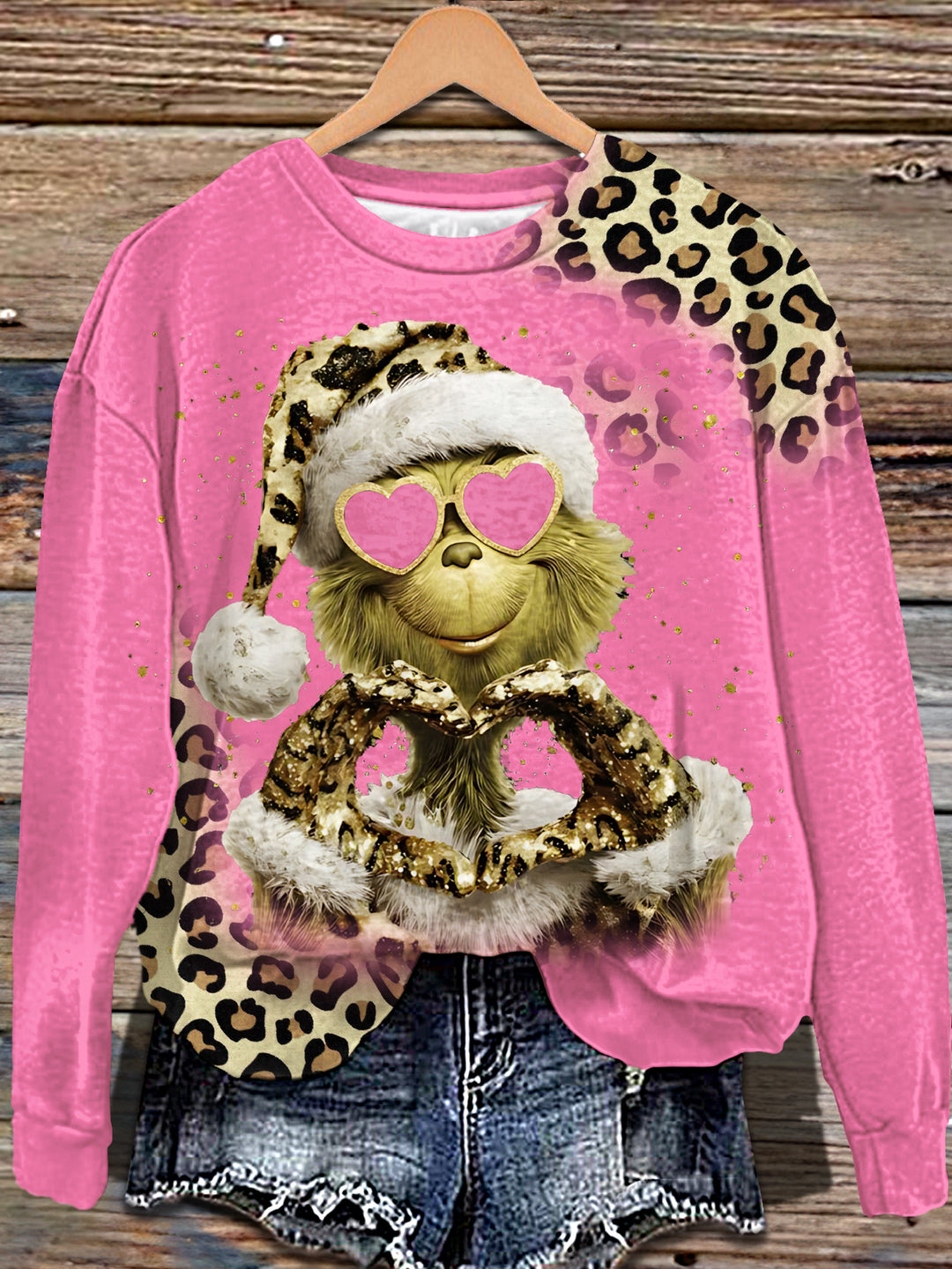 Grinch Leopard Art Printed Long Sleeve Casual Top