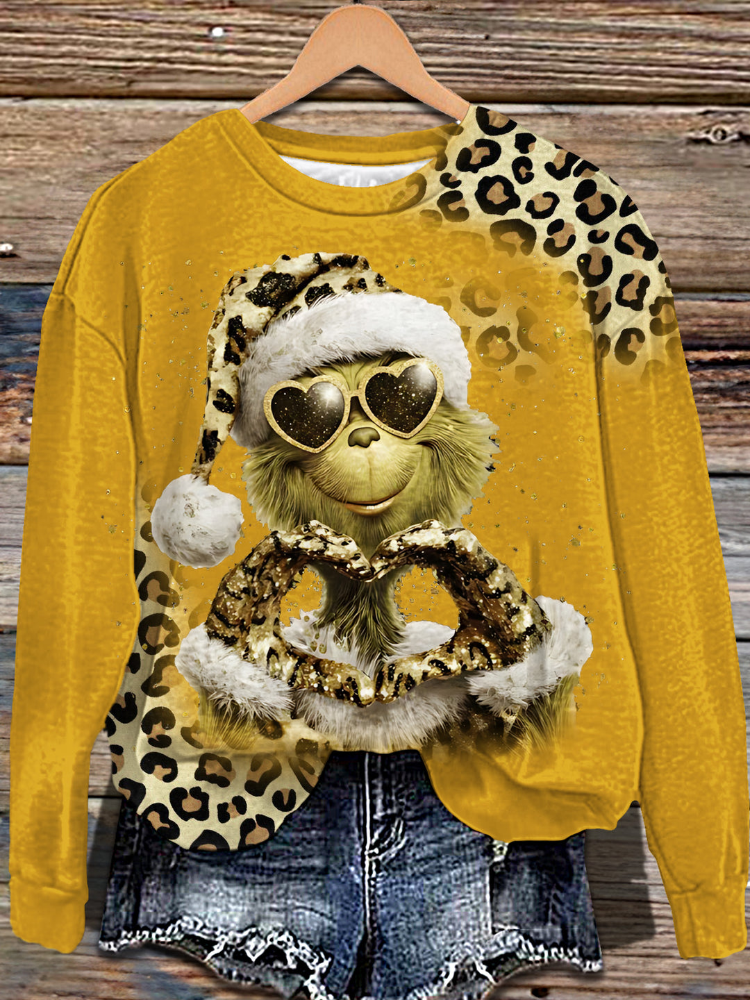 Grinch Leopard Art Printed Long Sleeve Casual Top