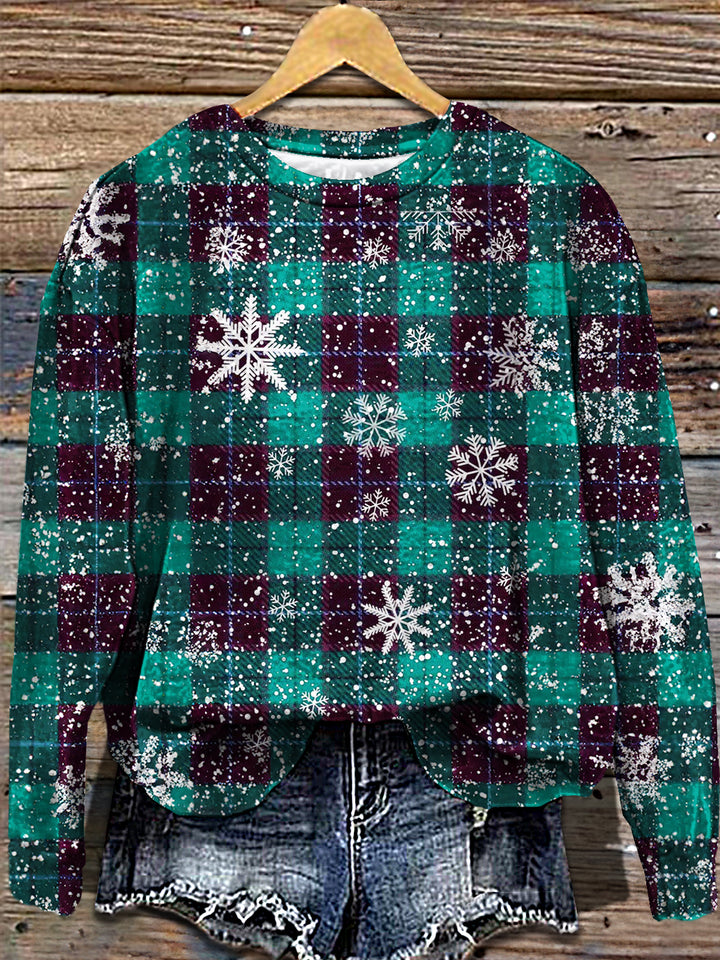Women's Christmas Plaid Snowflake Printed Long Sleeve Casual Top