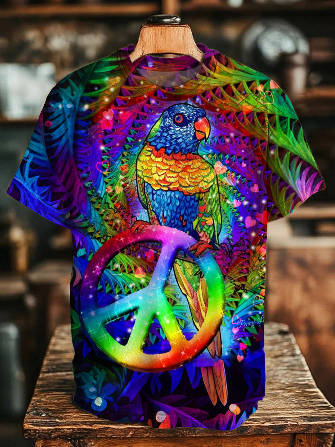 Hippie Peace Symbol Parrot Print Women's Short Sleeve Crew Neck T-shirt