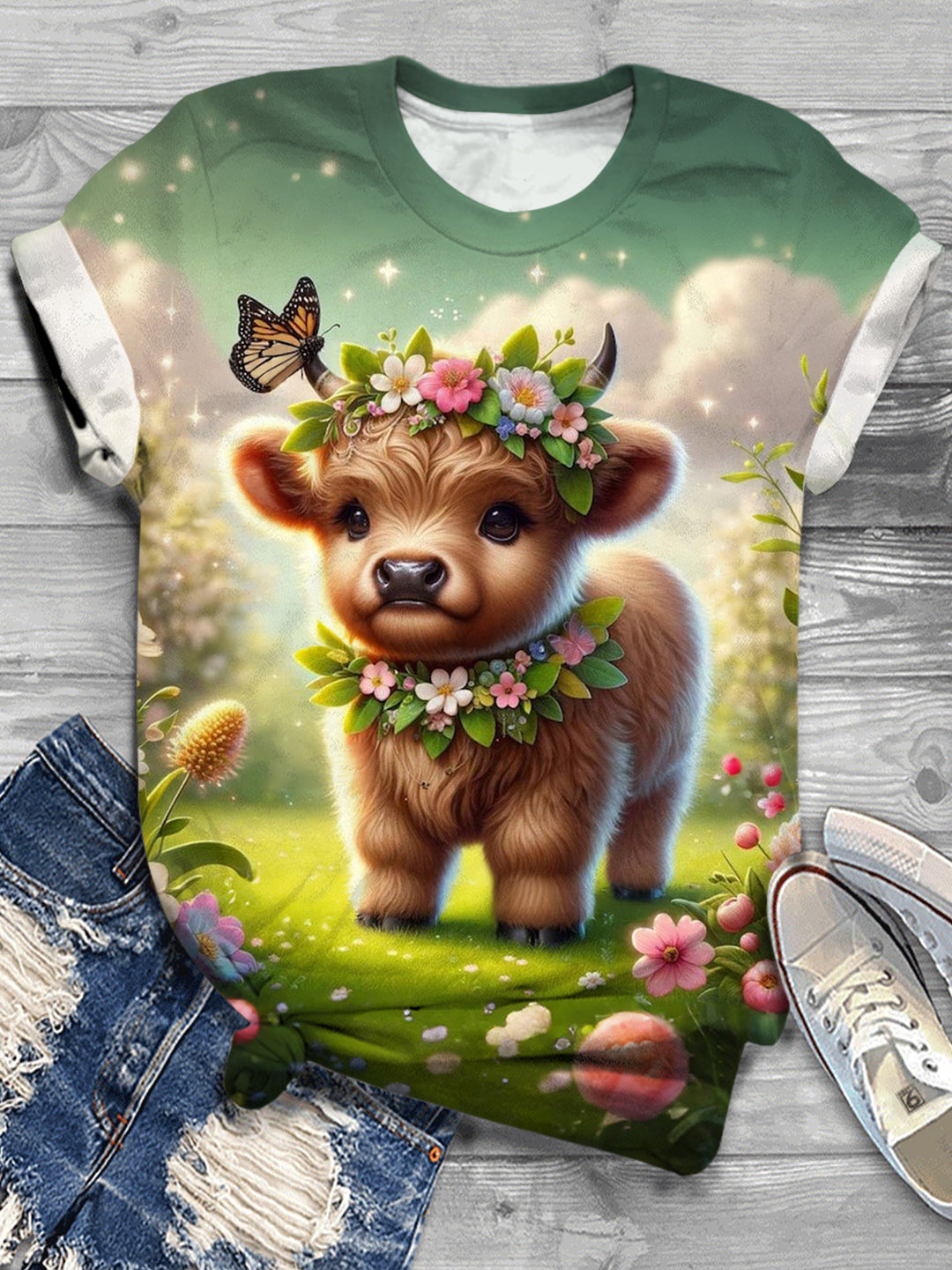 Floral Crown Highland Cow Crew Neck T-shirt