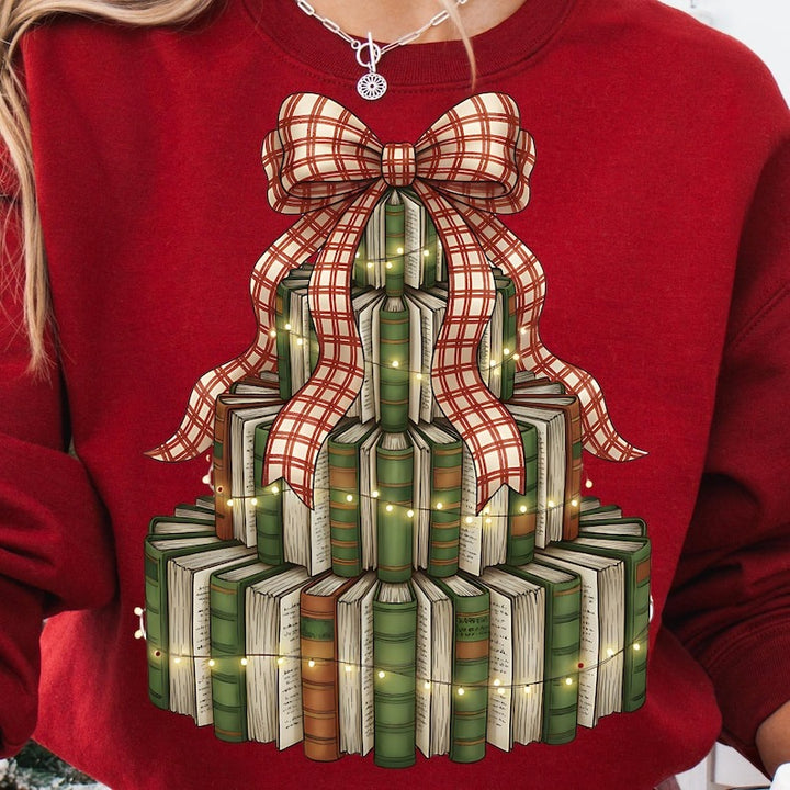 Christmas Book Tree Printed Long Sleeve Casual Top