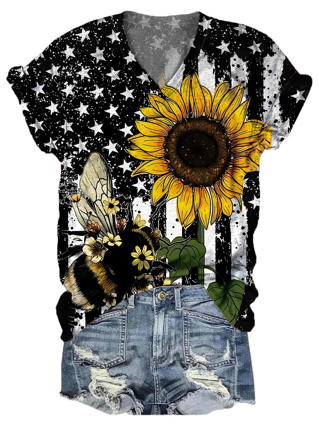 American Flag Sun Flower Bee T-shirt