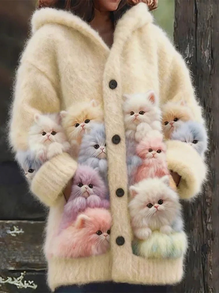 Lovely Cats Cozy Knit Hooded Cardigan
