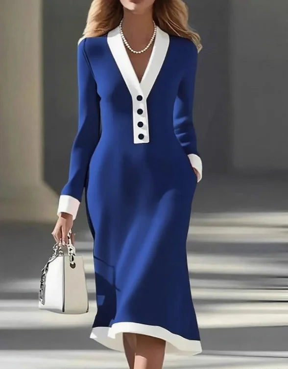 Women’s Black Long Sleeve White Trim V Neck Bodycon Midi Dress Elegant Dress