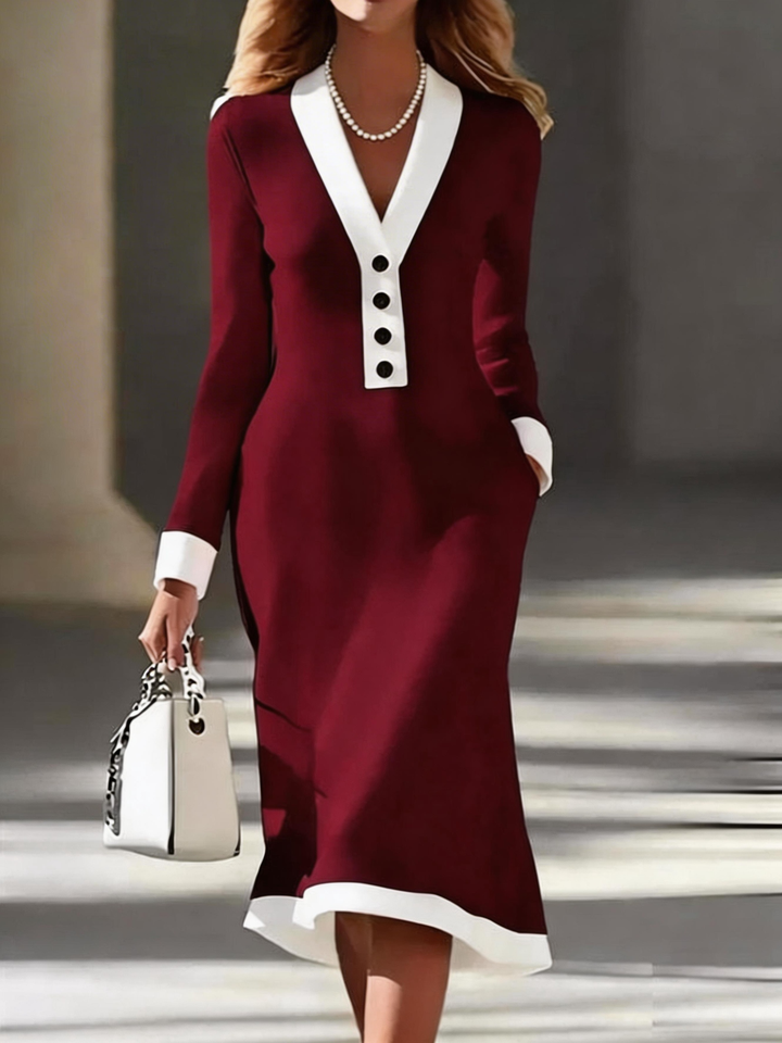 Women’s Black Long Sleeve White Trim V Neck Bodycon Midi Dress Elegant Dress