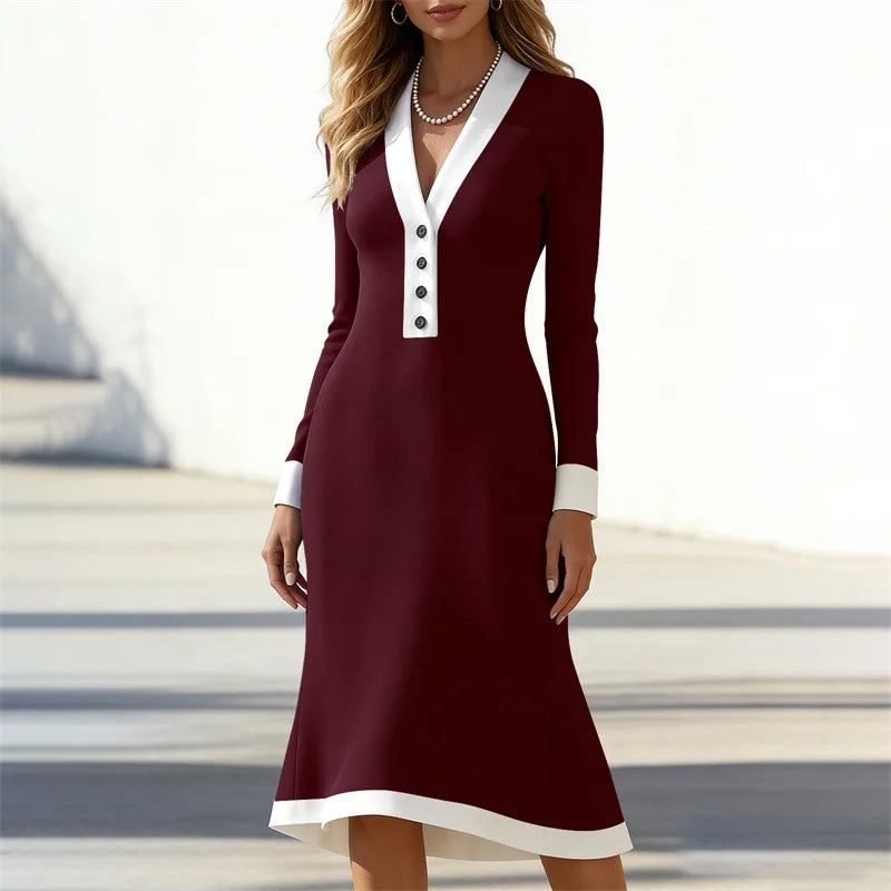 Women’s Black Long Sleeve White Trim V Neck Bodycon Midi Dress Elegant Dress