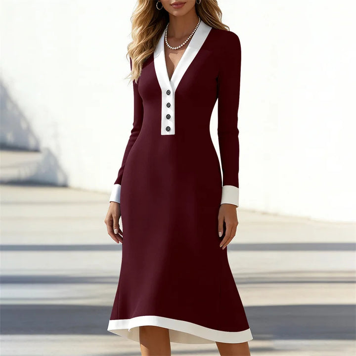 Women’s Black Long Sleeve White Trim V Neck Bodycon Midi Dress Elegant Dress