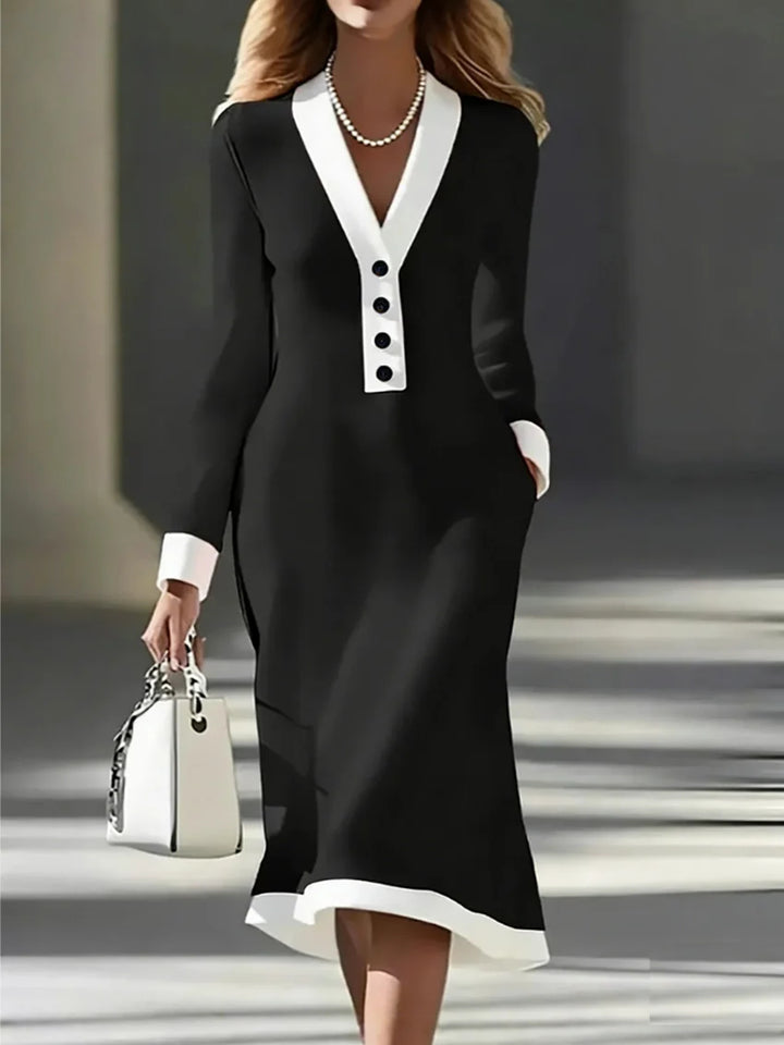 Women’s Black Long Sleeve White Trim V Neck Bodycon Midi Dress Elegant Dress