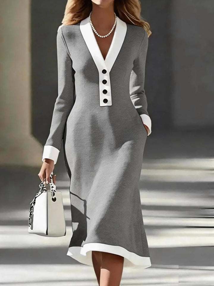 Women’s Black Long Sleeve White Trim V Neck Bodycon Midi Dress Elegant Dress