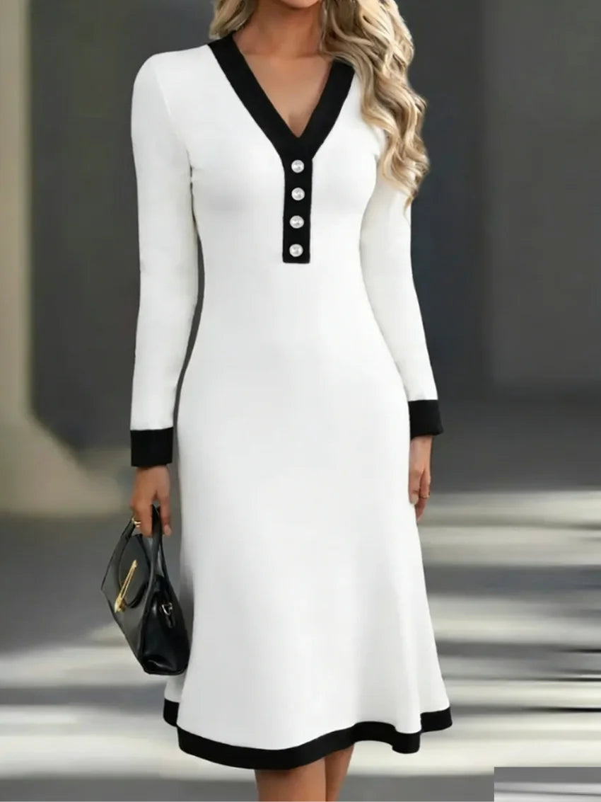 Women’s Black Long Sleeve White Trim V Neck Bodycon Midi Dress Elegant Dress
