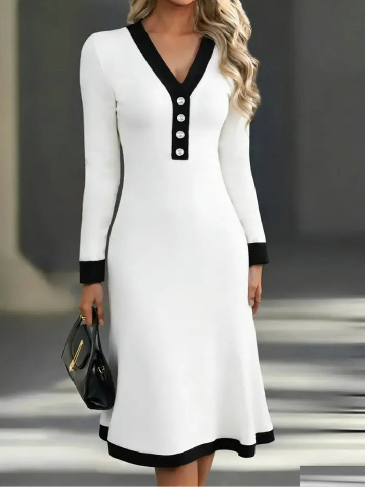 Women’s Black Long Sleeve White Trim V Neck Bodycon Midi Dress Elegant Dress