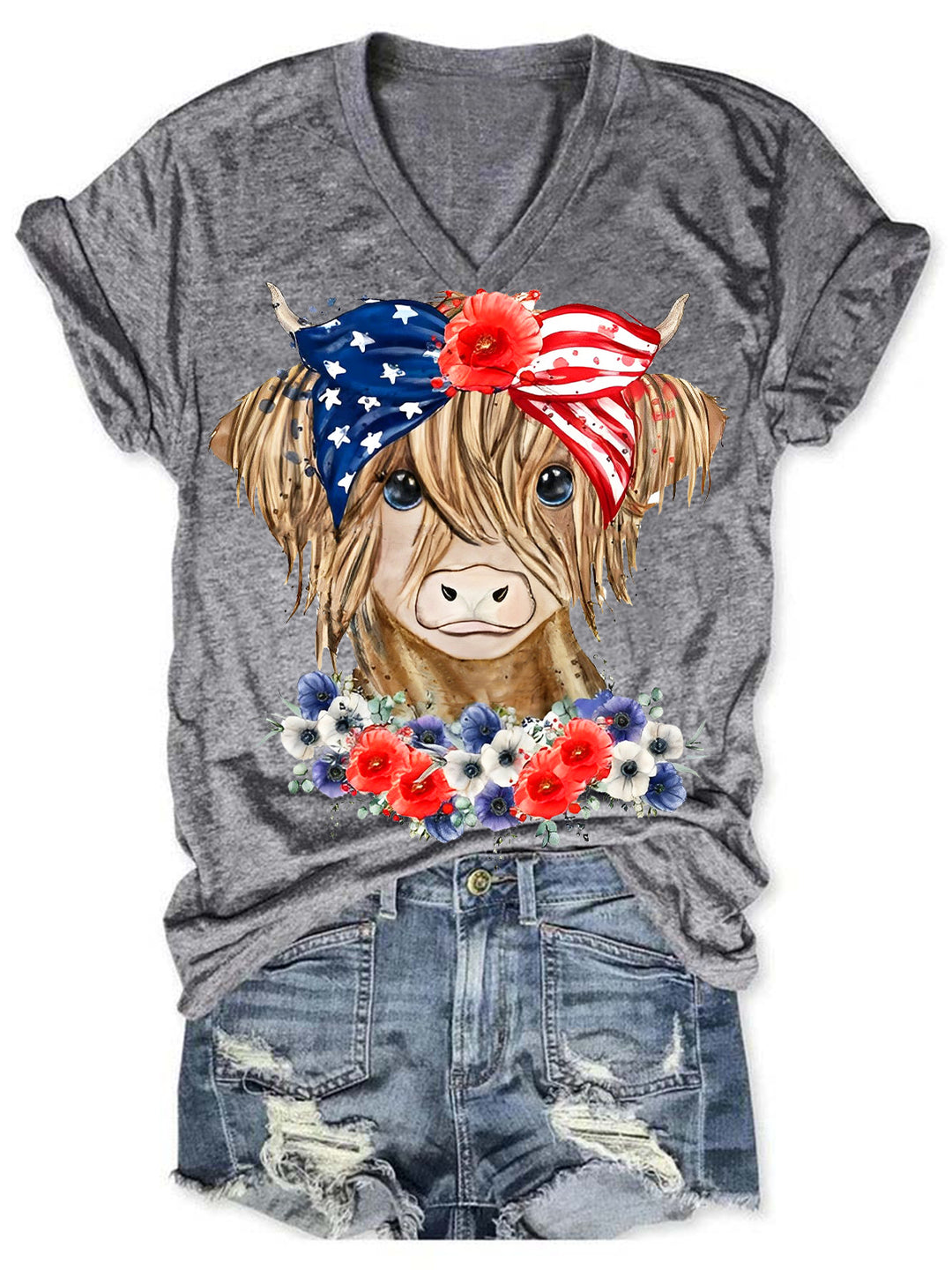 Flag American Cow Print V-Neck T-Shirt