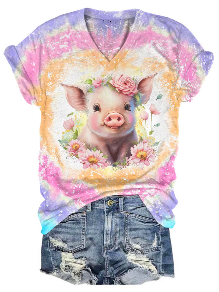 Floral Pig Tie Dye Print V Neck T-Shirt