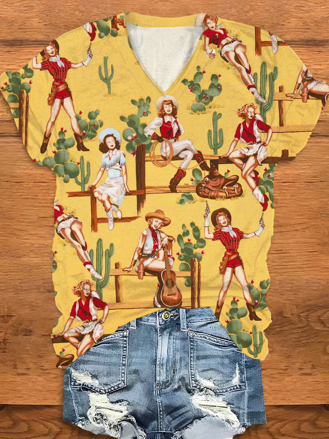 Western Cowgirl Print V-Neck T-Shirt