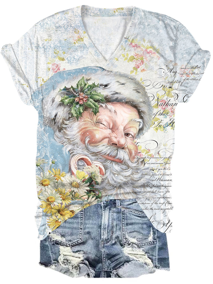 Pink Vintage Santa Print Crew Neck T-Shirt