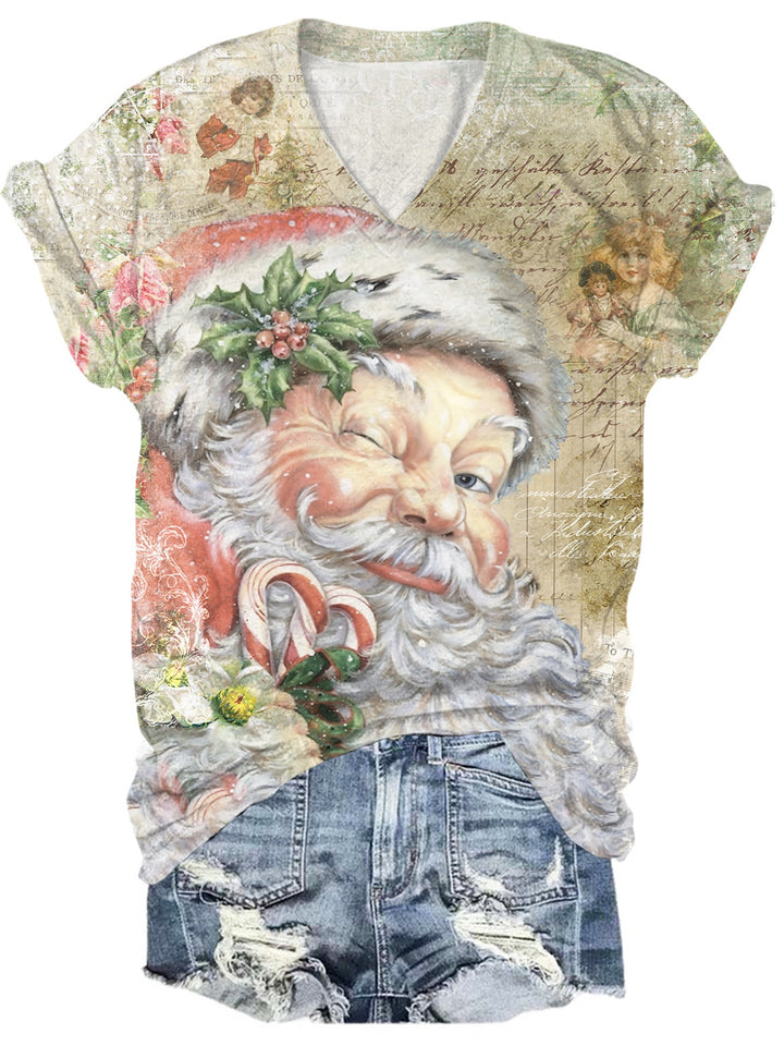 Pink Vintage Santa Print Crew Neck T-Shirt