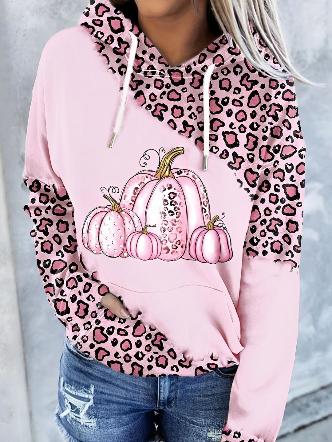 Pink Pumpkin Leopard Print Pocket Hoodie