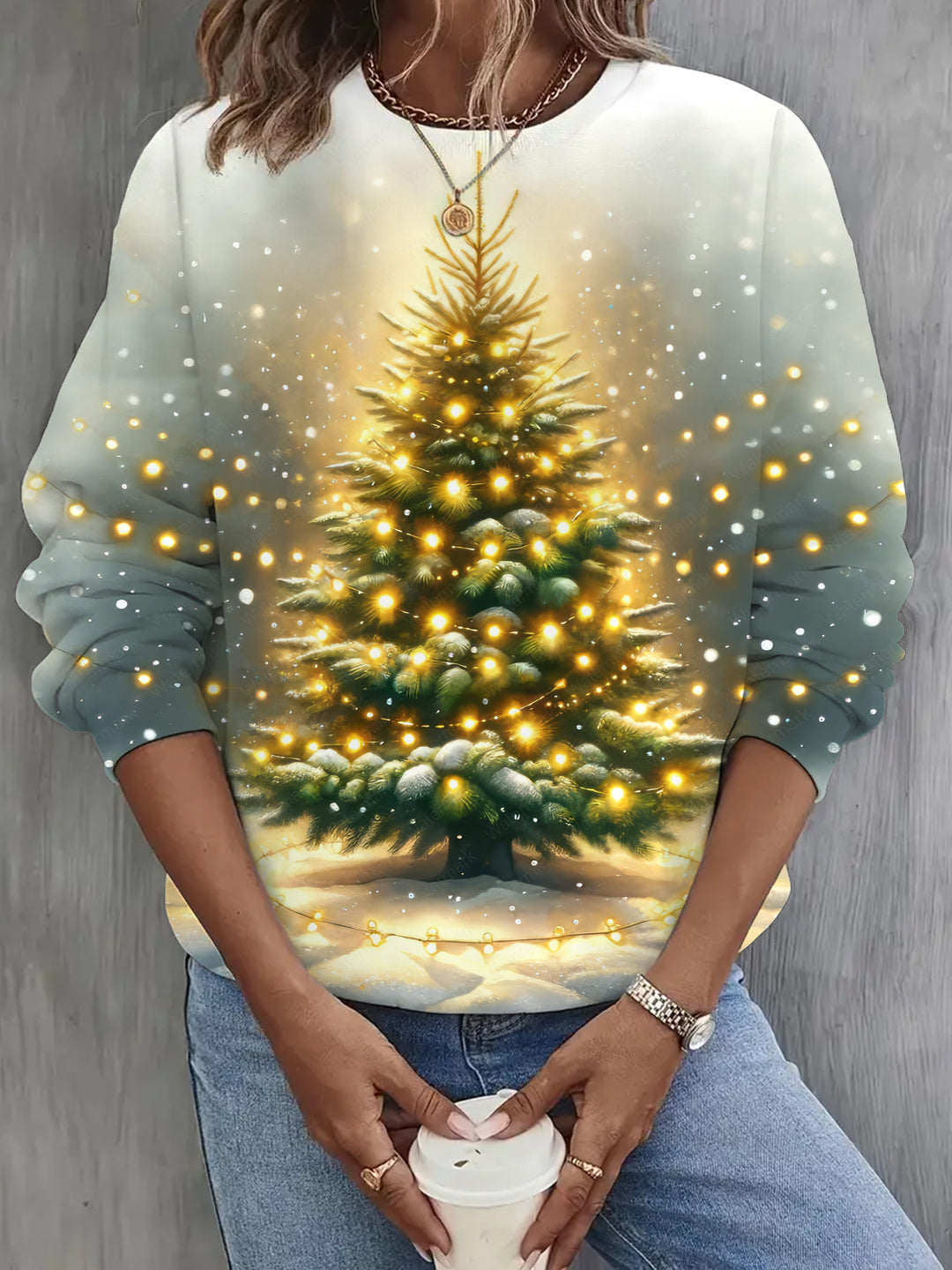 Colorful Christmas Tree Print Long Sleeve Casual Top