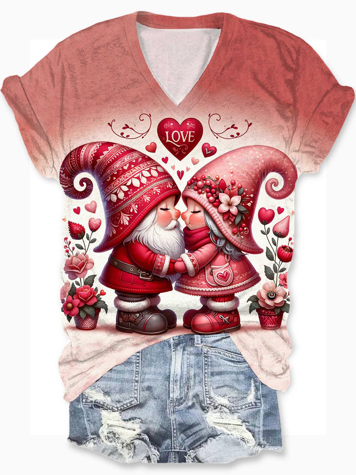 Valentine Love Gnomes Print Crew Neck T-Shirt