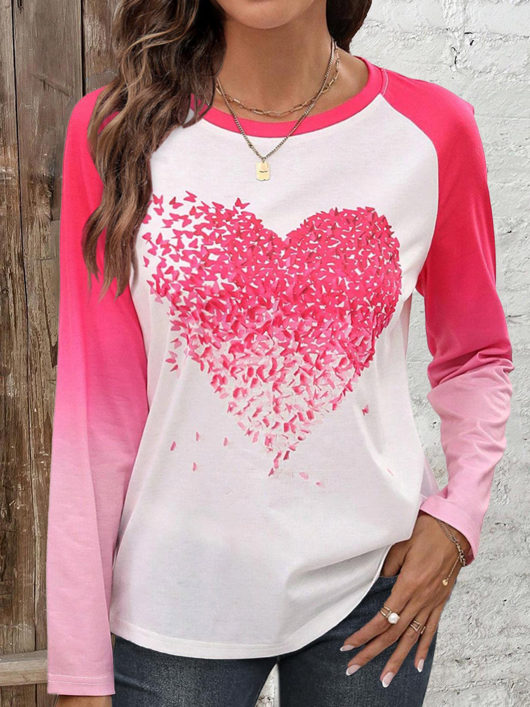 Gradient Pink Love Print Long Sleeve Casual Top