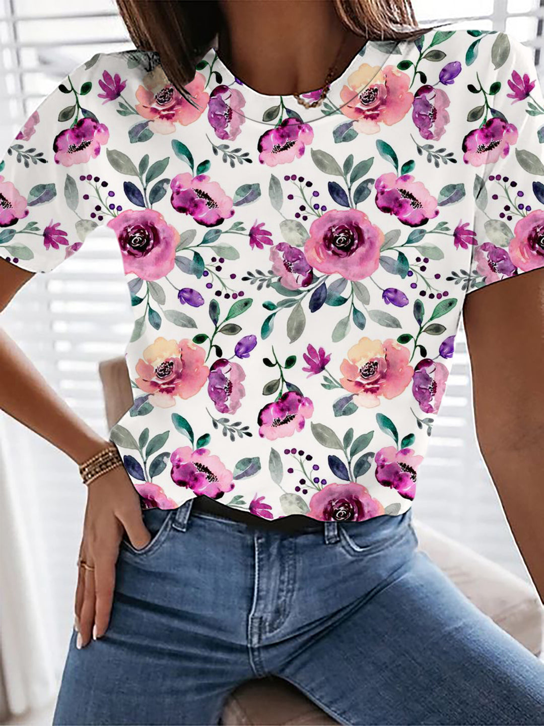 Watercolor Rose Flowers Crew Neck T-shirt