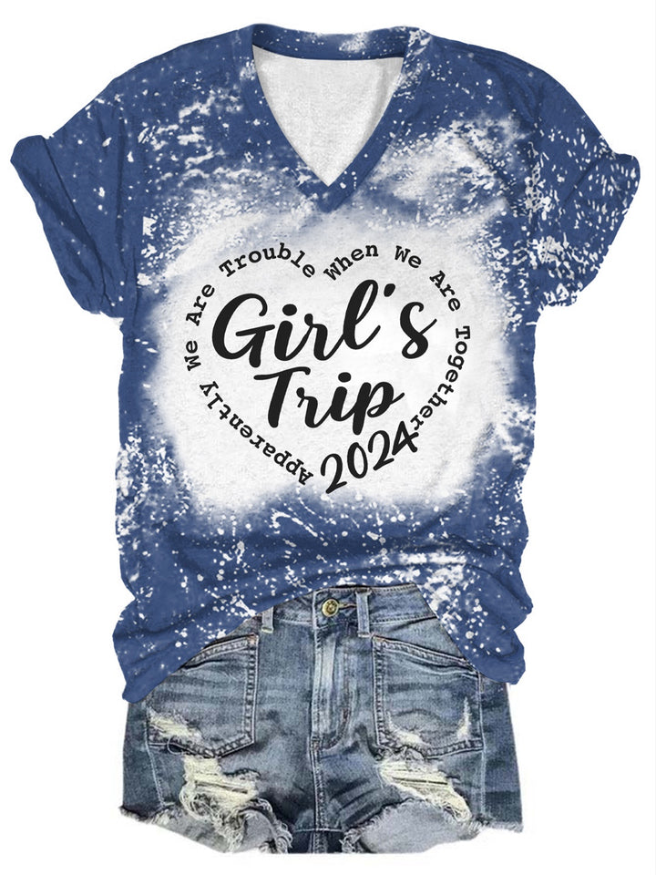 Girls Travel 2024 Tie-dye Print V Neck T-Shirt