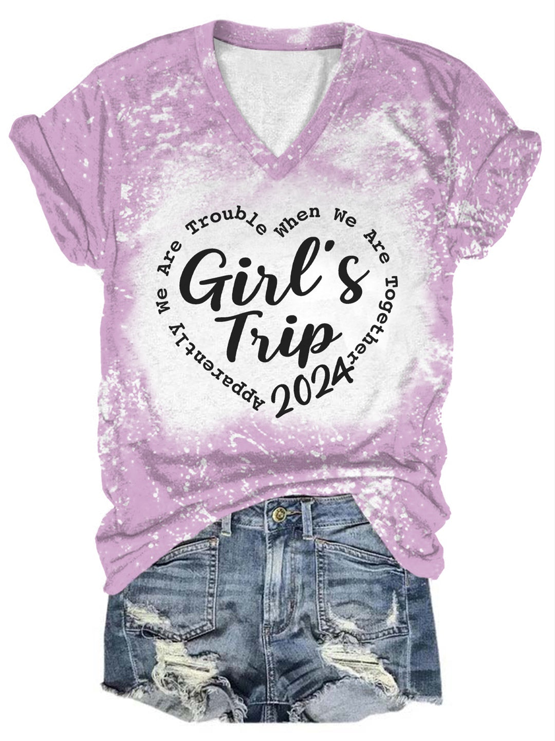 Girls Travel 2024 Tie-dye Print V Neck T-Shirt