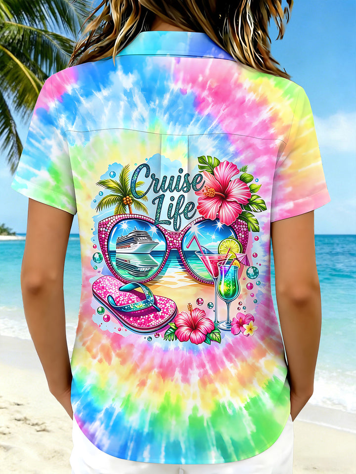 Hawaiian Colorful Tie Dye Cruise Life Women's Short Sleeve Shirts
