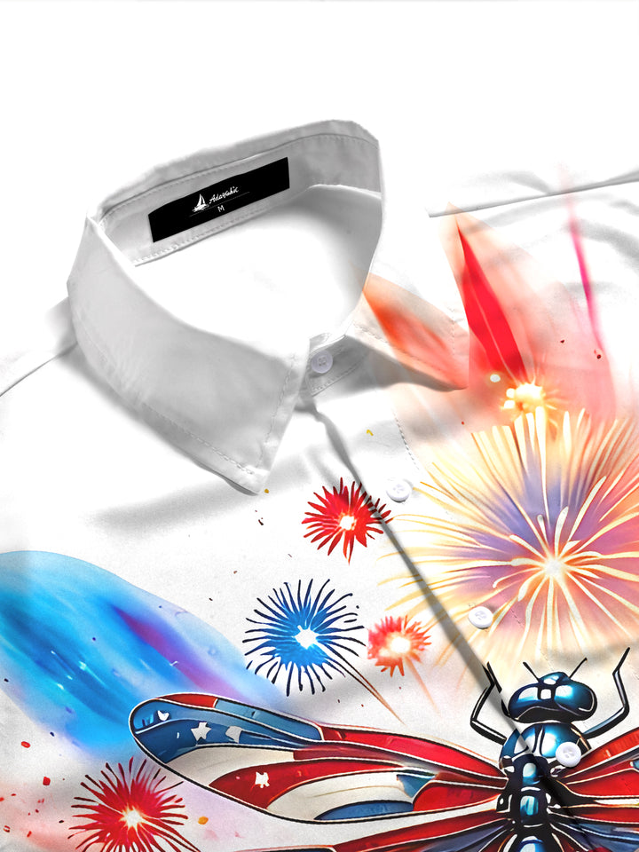 American Flag Dragonfly Floral Fireworks Independence Day Women's Short Sleeve Shirts