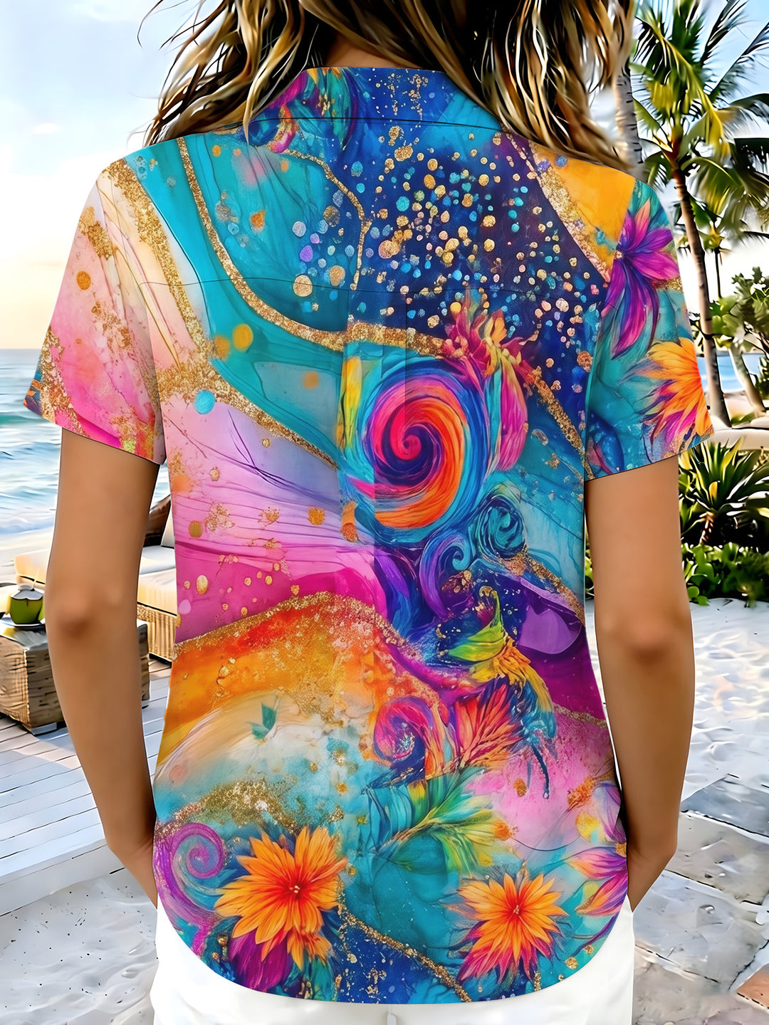 Art Watercolor Colorful Gradient Gold Tropical Abstract Flowers Women's Short Sleeve Shirts