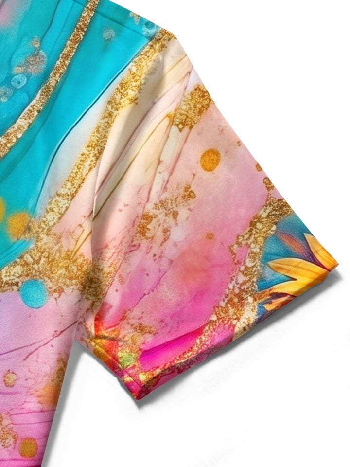 Art Watercolor Colorful Gradient Gold Tropical Abstract Flowers Women's Short Sleeve Shirts