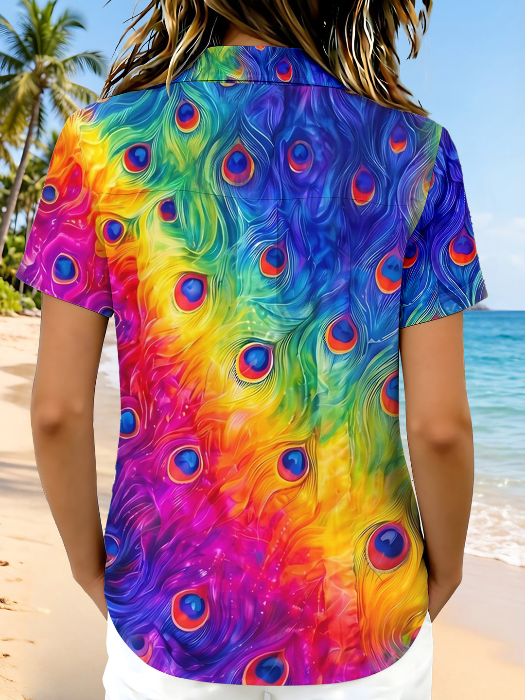 Colorful Gradient Peacock Feather Women's Short Sleeve Shirts
