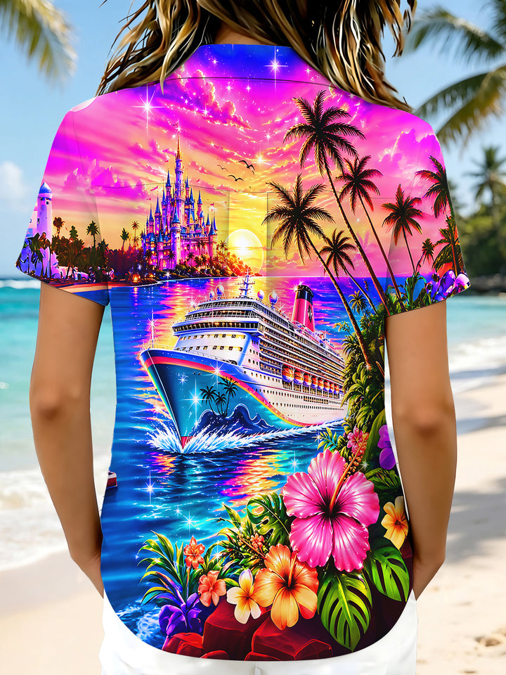 Hawaiian Colorful Cruise Castle Sunset Landscape Women's Short Sleeve Shirts