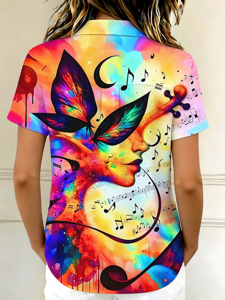 Colorful Gradient Music Butterfly Portrait Women's Short Sleeve Shirts