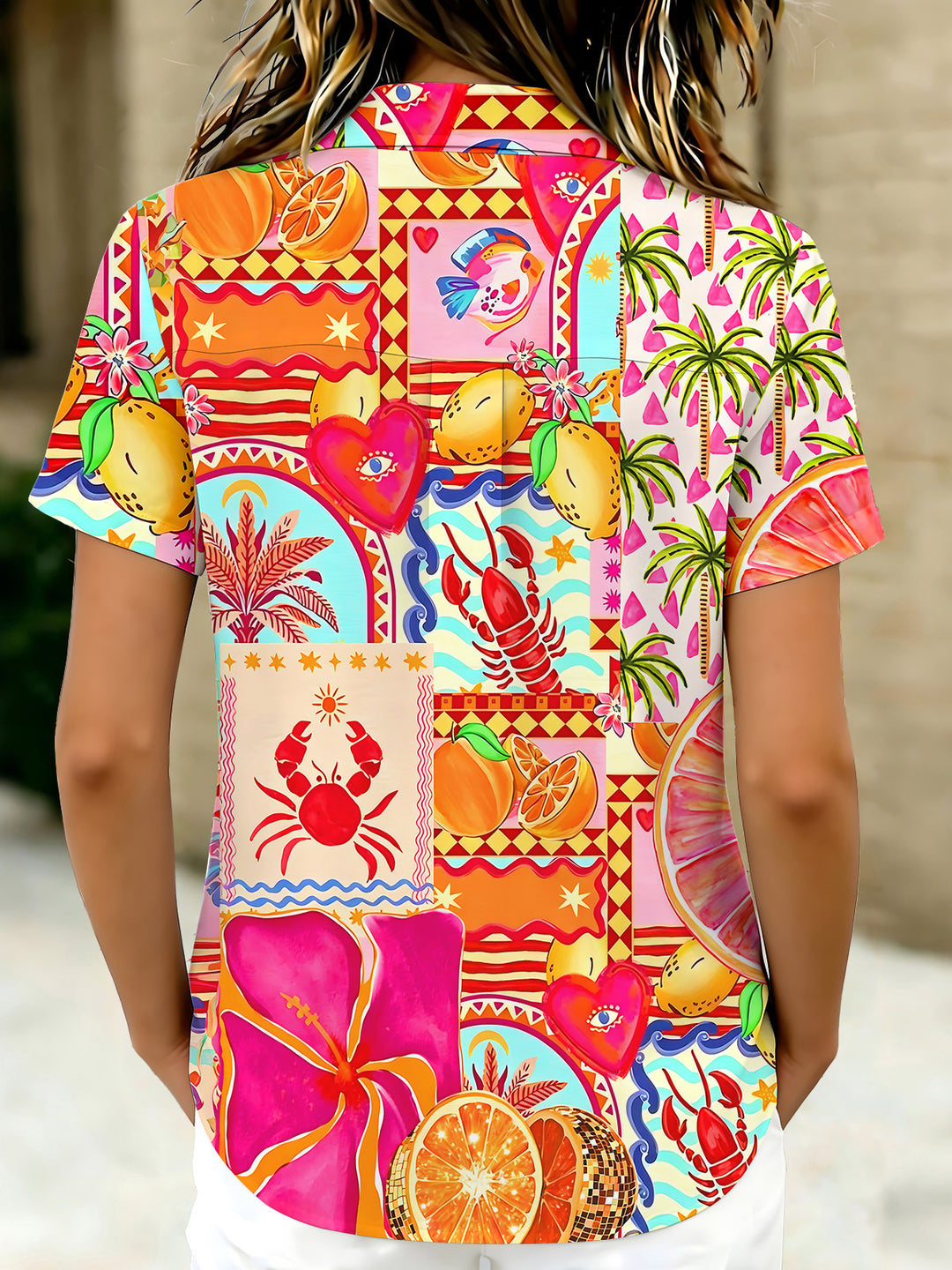 Hawaiian Cocoa Trees Lobster Crab Women's Short Sleeve Shirts