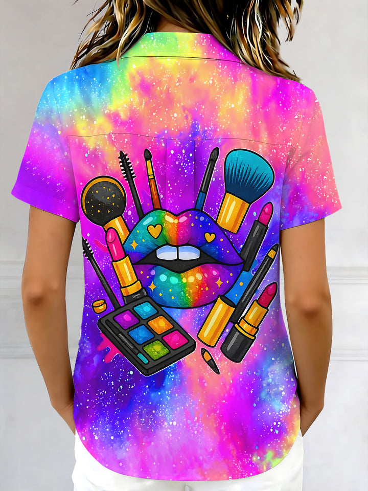 Colorful Tie-Dye Lips & Makeup Women's Short Sleeve Shirts