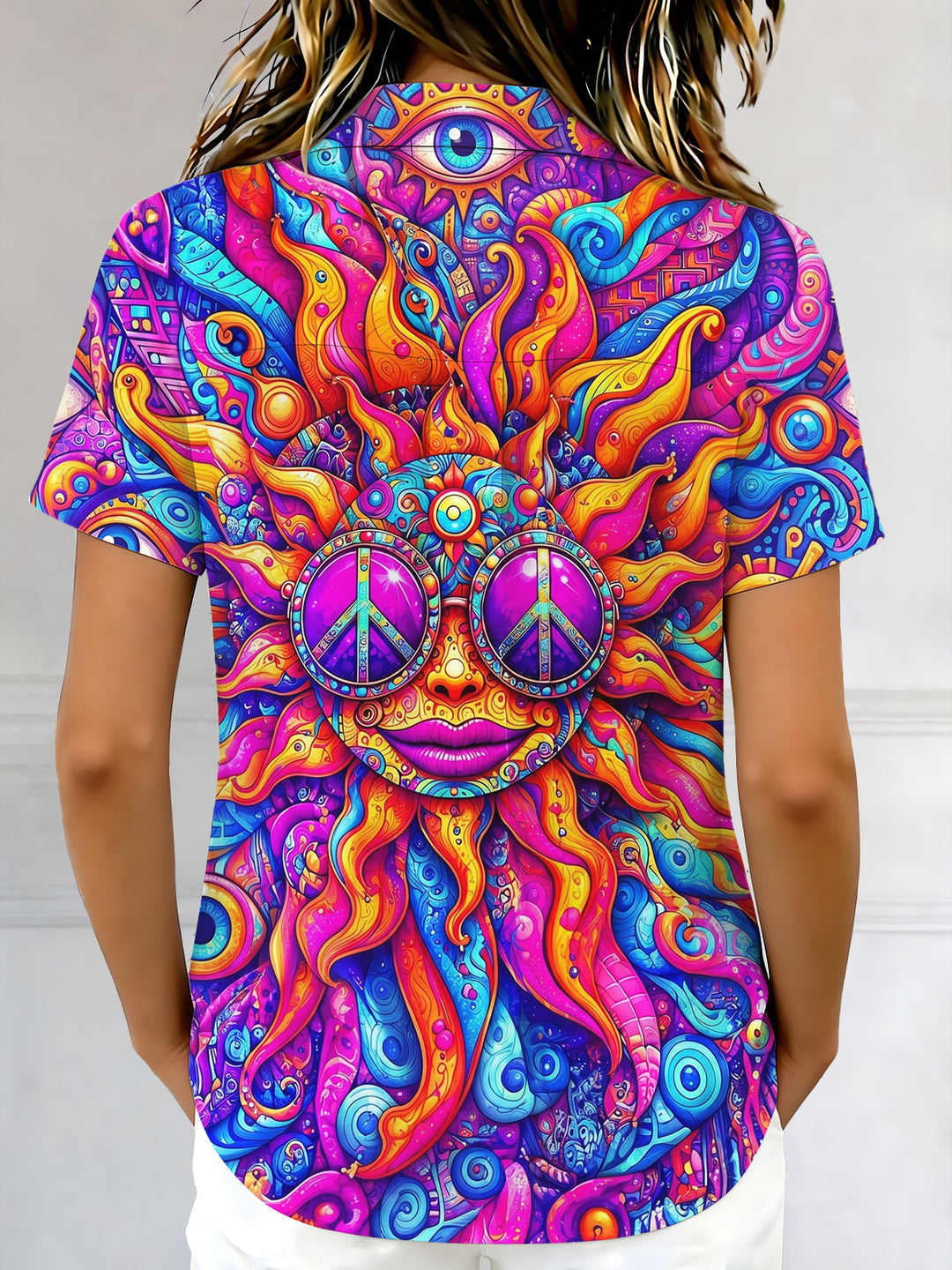 Hippie Psychedelic Colorful Sun Art Women's Short Sleeve Shirts