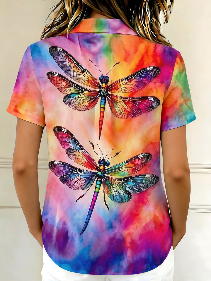 Gradient Colorful Tie Dye Dragonfly Women's Short Sleeve Shirts