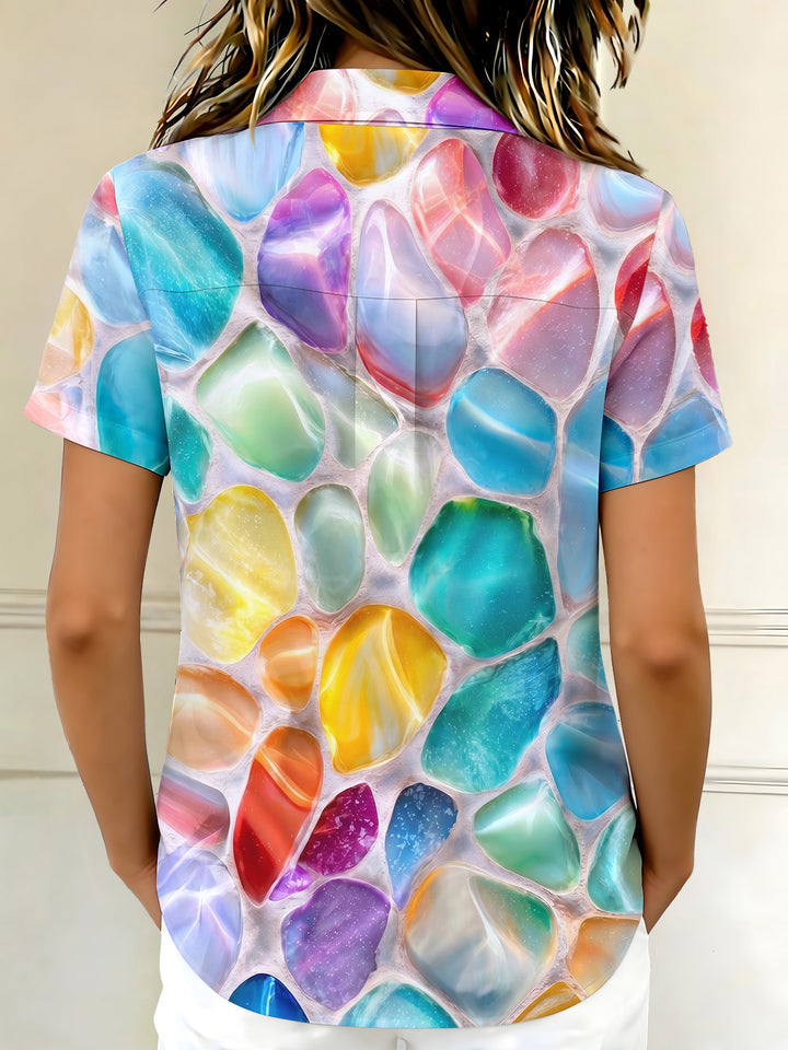Art Abstract Colorful Crystal Rough Stone Women's Short Sleeve Shirts