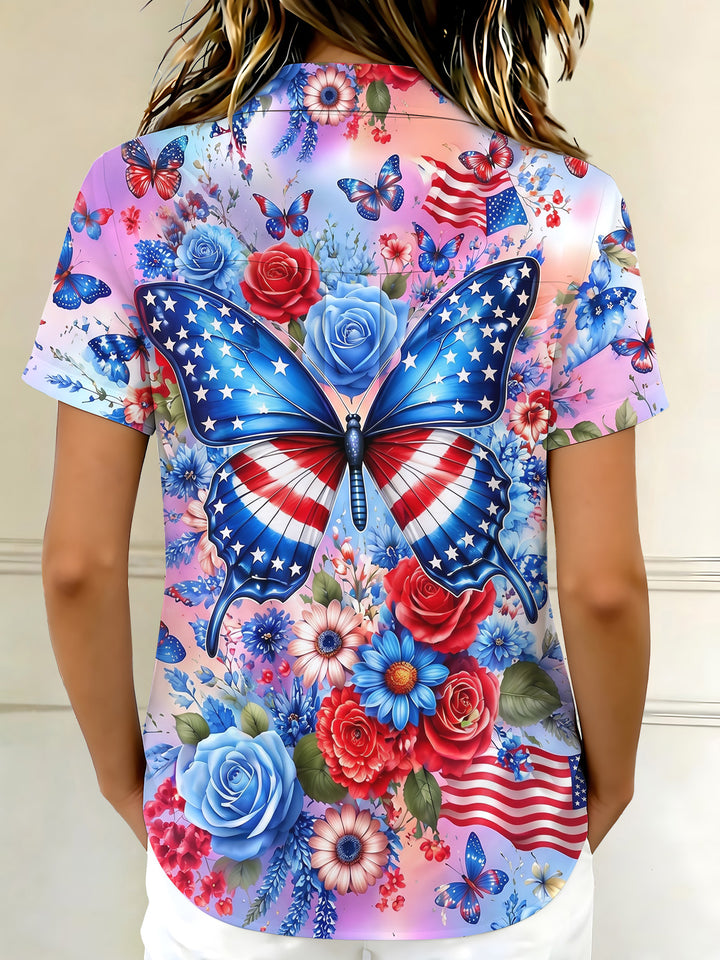 Independence Day American Flag Butterfly Rose Floral Women's Short Sleeve Shirts
