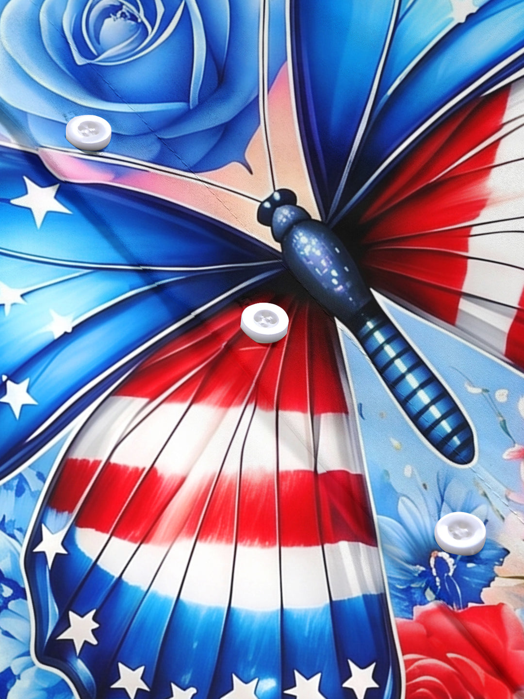 Independence Day American Flag Butterfly Rose Floral Women's Short Sleeve Shirts