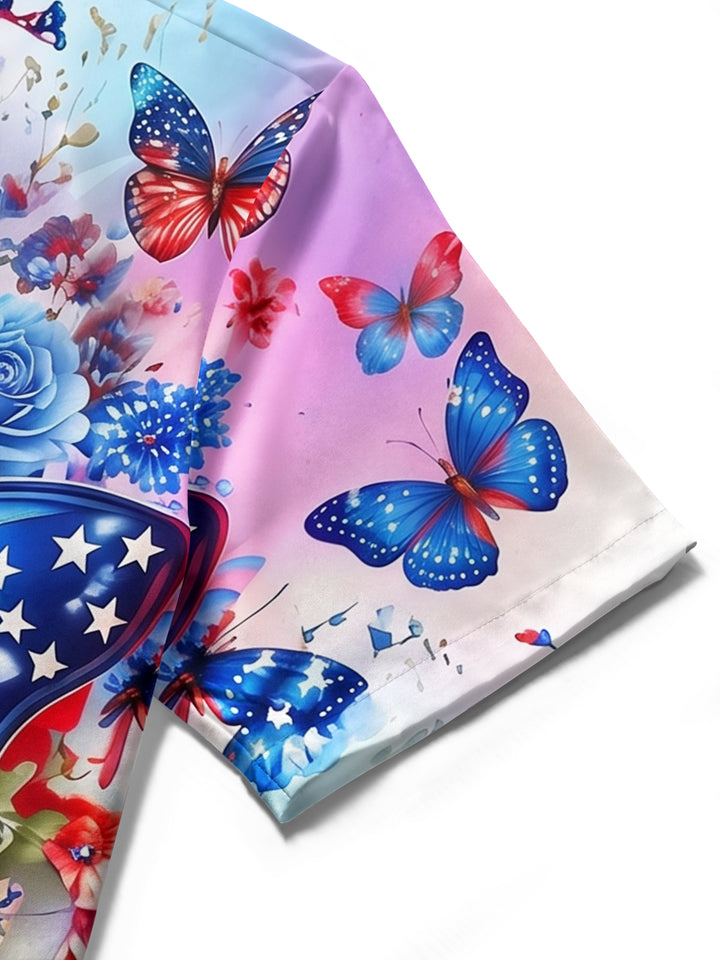 Independence Day American Flag Butterfly Rose Floral Women's Short Sleeve Shirts
