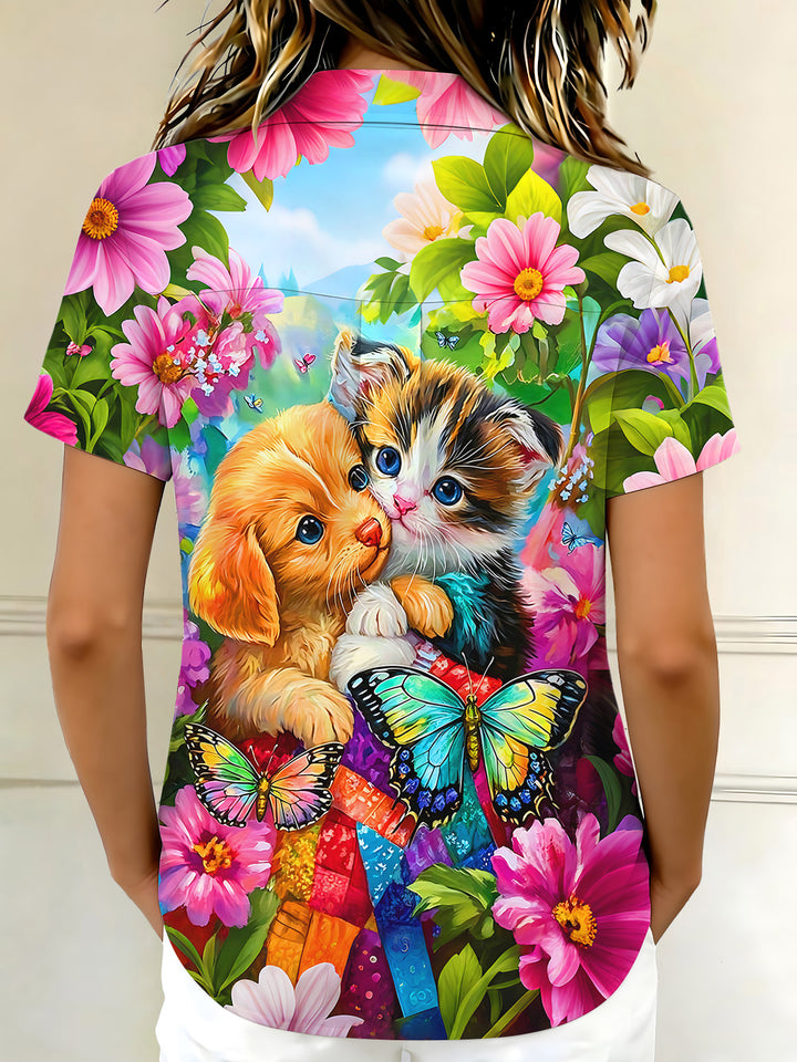 Funny Cute Cat Puppy Dog Daisy & Butterfly Floral Women's Short Sleeve Shirts