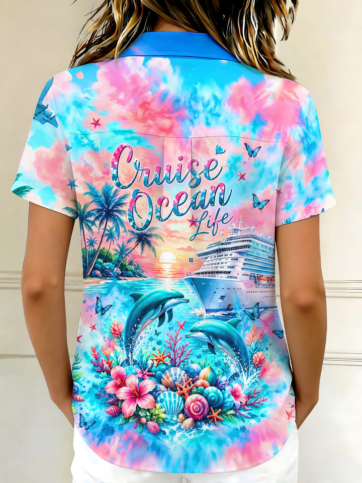 Tie-Dye Ocean Cruise Dolphin Island Vacation Women's Short Sleeve Shirts