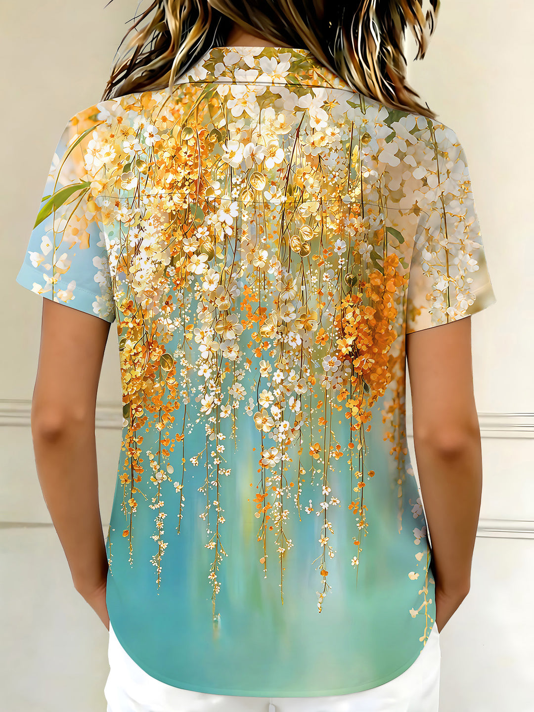 Art Gradient Draping Floral Women's Short Sleeve Shirts