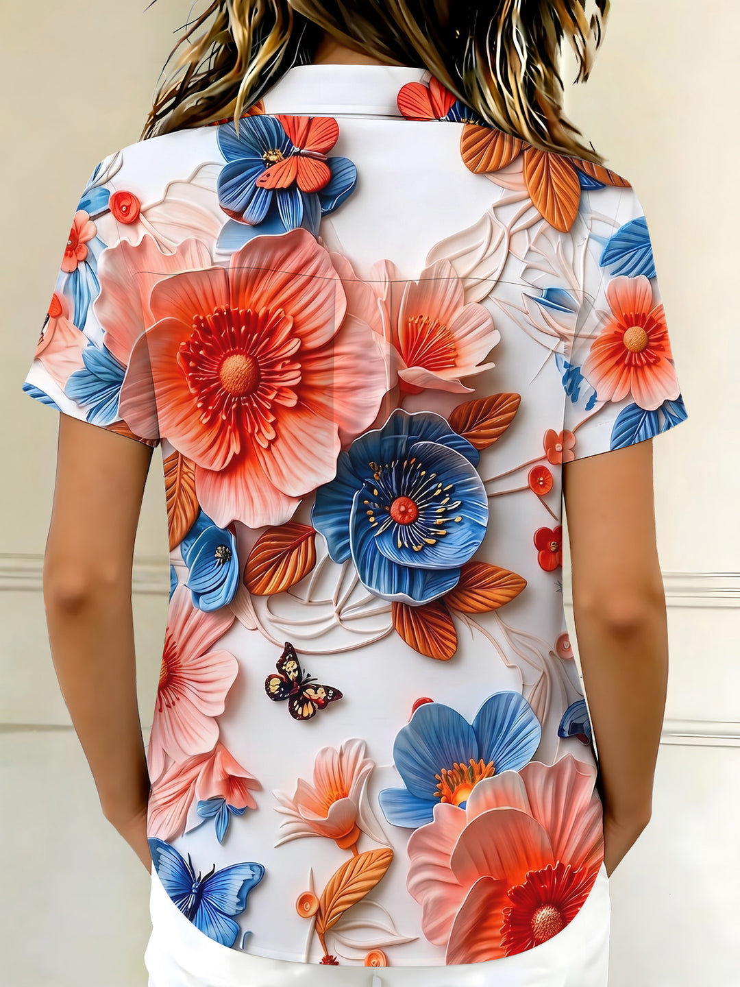 Art 3D Stereoscopic Floral Butterfly Women's Short Sleeve Shirts