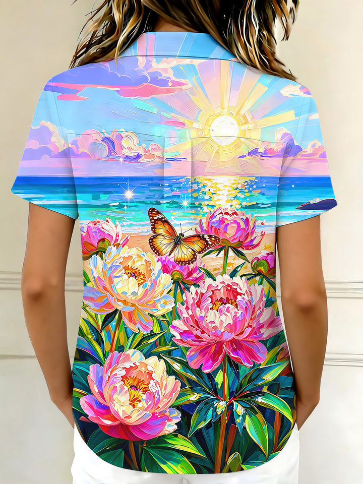 Art Seaside Sunset Peony And Butterfly Women's Short Sleeve Shirts