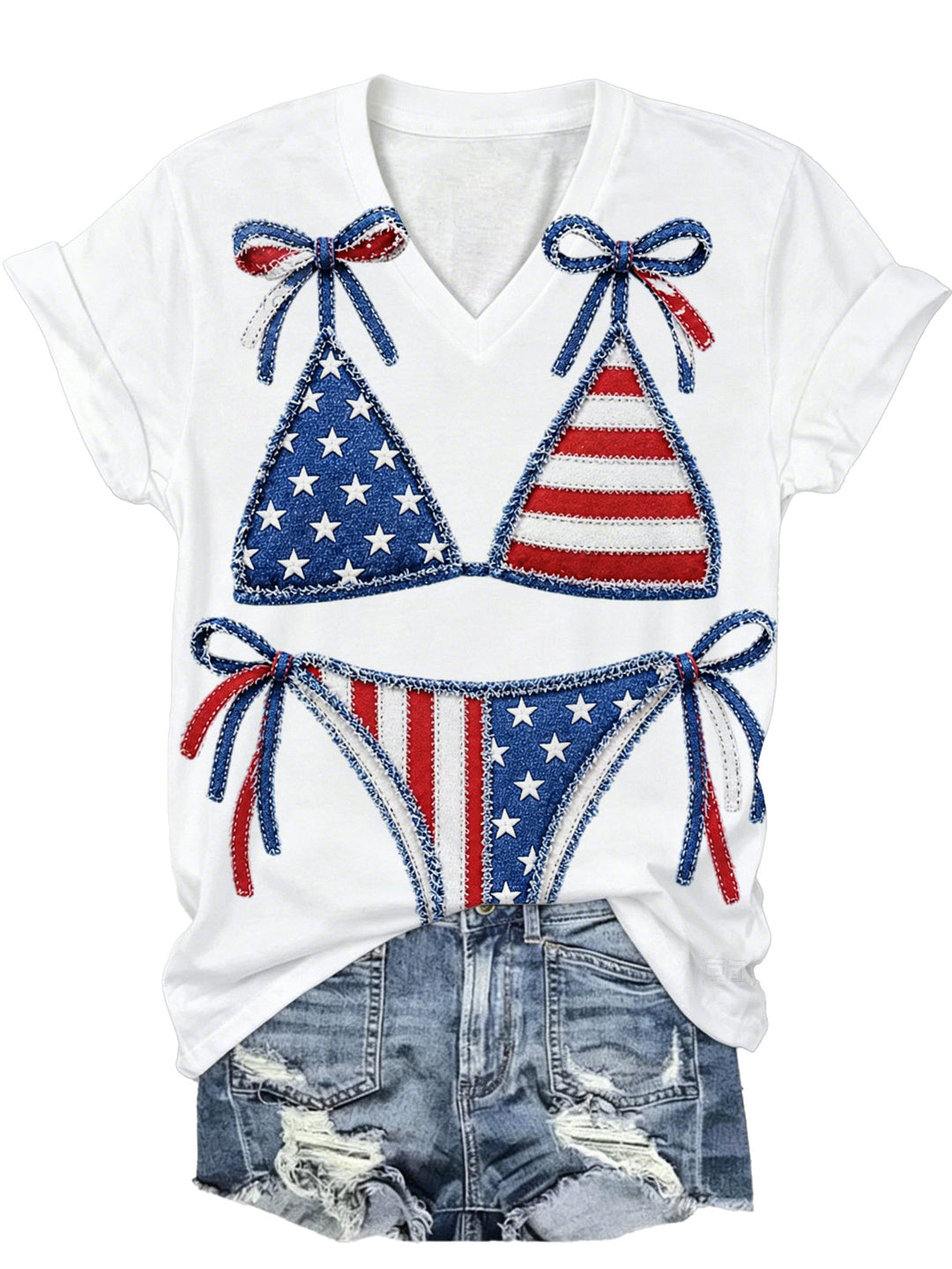 American Flag Bikini Print Women's Short Sleeve V Neck T-Shirt